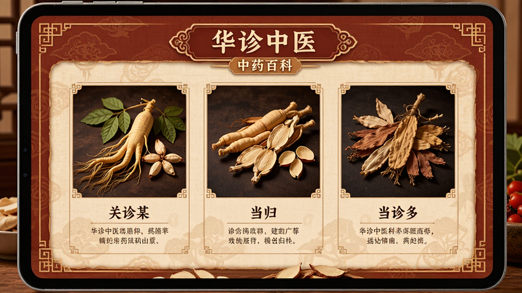展示“华诊中医”中药百科界面,屏幕中显示几种中药材如人参、当归的图片和文字介绍,布局整齐,采用暖色调背景,配以古典边框装饰,画质细腻,无多余元素