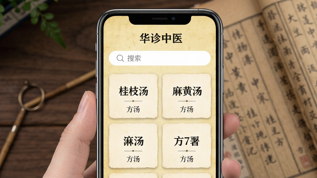 手机界面展示“华诊中医”的方剂列表,上方有搜索框,下方列出“桂枝汤”、“麻黄汤”等方剂卡片,背景为淡黄古籍书页纹理,布局清晰,文字可读,画质高清,干净简洁