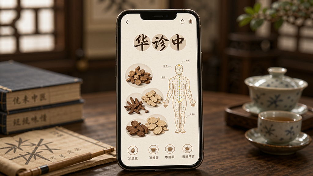 一幅展示智能手机屏幕上的中医应用界面,屏幕内显示“华诊中医”字样和中药、经络图,背景为柔和的中式书房,有书本和茶盏,整体风格古朴雅致,高清渲染,干净无多余元素