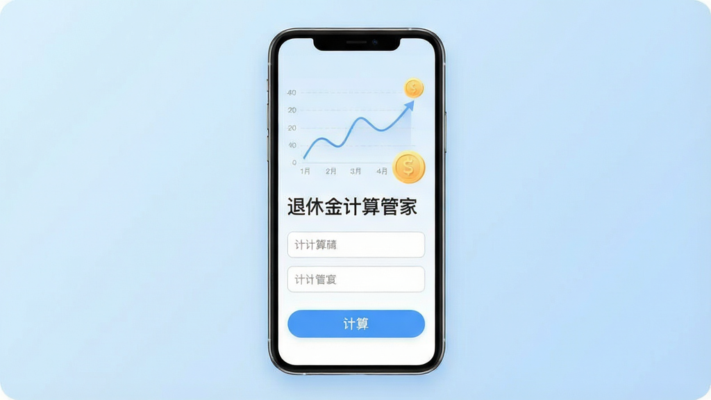 一幅现代简约风格的手机应用界面预览图,屏幕中央显示“退休金计算管家”字样,下方有输入框和计算按钮,背景为淡蓝色渐变,辅以折线图与硬币图标,整体布局清晰,画质干净,无多余元素