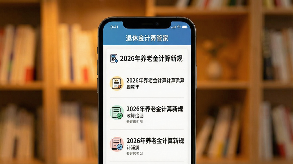 手机屏幕展示“退休金计算管家”内的政策解读文章列表,标题为“2026年养老金计算新规”,配有小图标,背景为暖色调书架,排版整齐,画质干净,无多余元素