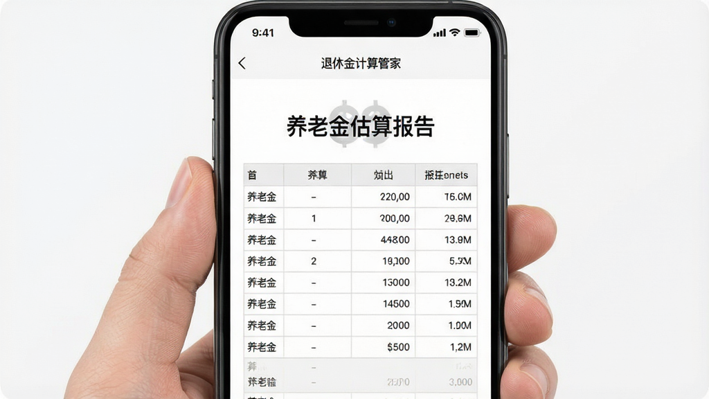 一幅手机截图,显示“退休金计算管家”的导出报告预览,报告顶部有“养老金估算报告”标题,下方为表格数据,背景为纯白色,界面干净,画质清晰