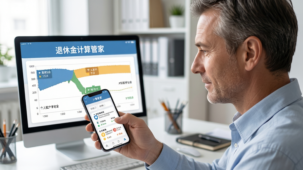 一名中年男性正在手机屏幕上查看“退休金计算管家”生成的养老金明细图表,图表包含基础养老金、个人账户养老金等分项,背景为办公室场景,界面简洁,画质清晰,干净无杂物