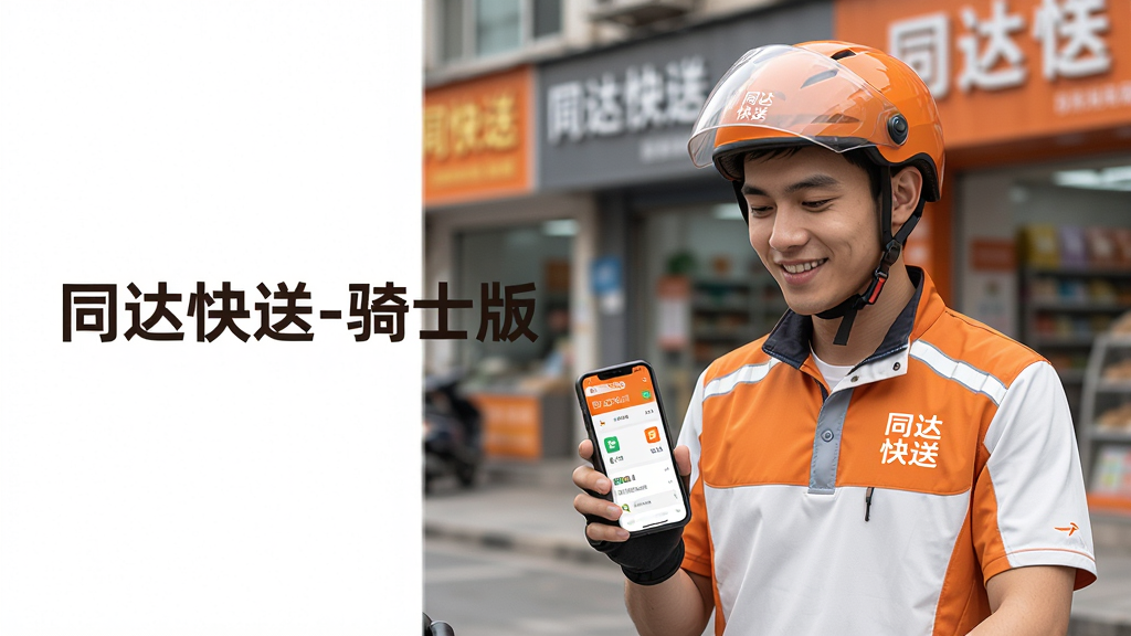 画面主体为一名身着同达快送骑手服、面带微笑的年轻男性骑手,手持手机查看订单,背景是模糊的城市街道与商铺,整体布局采用居中构图,骑手位于画面中央偏右,左侧留白用于放置“同达快送-骑士版”字样,排版风格简洁明快,现代扁平化设计,色调以品牌橙色和白色为主,细节上突出手机屏幕上的订单信息图标,画质高清,干净,无多余元素。