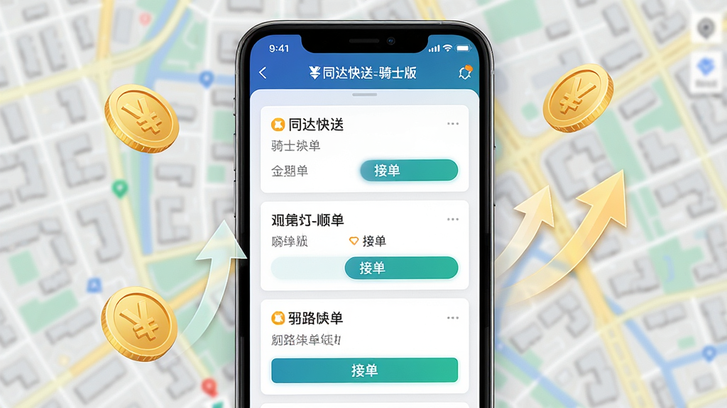 画面主体为手机屏幕放大展示同达快送-骑士版APP的订单列表界面,屏幕上显示多个顺路订单卡片,带有“接单”按钮,背景为模糊的街道地图,布局采用手机界面居中特写,周围辅以金币图标和上升箭头,排版清晰,风格写实结合UI界面展示,色调明亮,细节突出“同达快送-骑士版”品牌标识,画质细腻,干净,无多余元素。