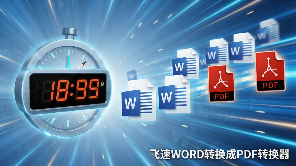 一张展示飞速WORD转换成PDF转换器转换速度的示意图,画面中一个计时器显示极短时间,旁边有多个Word文档图标快速变为PDF图标,背景为动态速度线条,软件名称“飞速WORD转换成PDF转换器”以水印形式出现在右下角,风格科技感强,布局清晰,画质干净