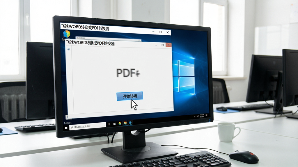 一张展示飞速WORD转换成PDF转换器在Windows桌面上运行的实拍图,电脑屏幕显示软件界面,鼠标指针放在“开始转换”按钮上,周围环境为明亮办公室,画面清晰,软件名称“飞速WORD转换成PDF转换器”在屏幕左上角显示,风格真实自然,布局合理,画质干净