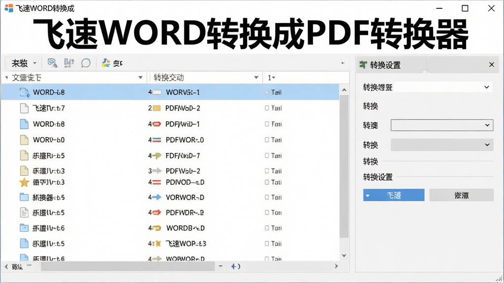 一张展示飞速WORD转换成PDF转换器主界面的高清预览图,界面简洁明亮,左侧为文件列表区域,右侧为转换设置面板,顶部有醒目的软件名称“飞速WORD转换成PDF转换器”,整体风格现代商务,排版规整,细节清晰,画质干净无多余元素