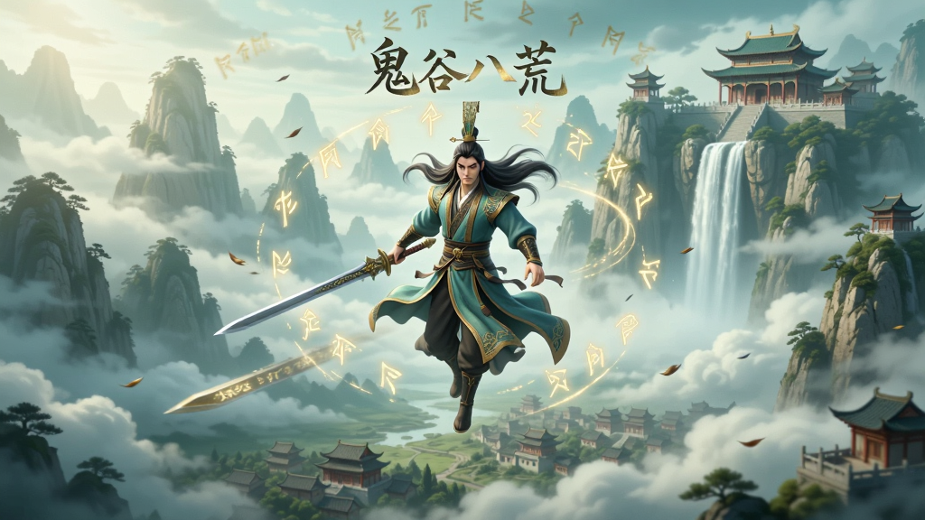 画面中央展示一位长发古装修士御剑飞行于云雾缭绕的仙山群峰之间,周围有金色符文环绕,远处可见巍峨宫殿与瀑布飞流,下方是浩瀚云海与若隐若现的城镇,整体采用国风水墨与写实3D融合风格,色彩以青绿、淡金、墨色为主,光影通透,细节精致,画面干净无多余元素,突出“鬼谷八荒”四字标题,竖版构图适合移动端展示