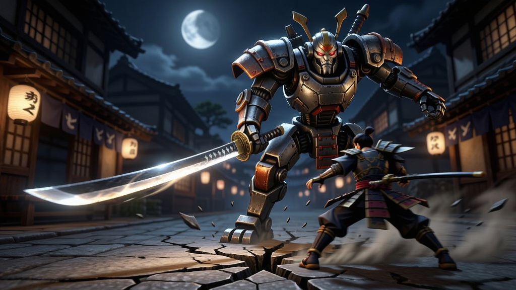 游戏BOSS战场景,画面中一只巨大的机械武士BOSS正挥动发光的武士刀向主角劈砍,主角侧身闪避,脚下地面有裂纹特效。场景为夜晚的日本古代街道,灯笼和月光提供照明。画面采用电影级构图,强调光影对比和动态感,细节丰富,色彩浓郁,画质极佳,干净无多余元素。