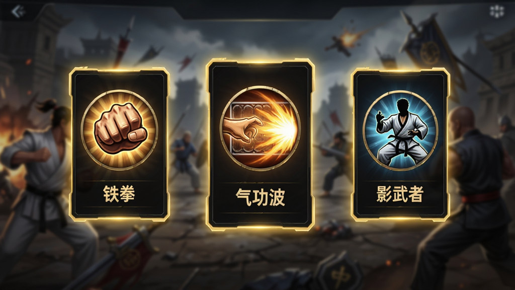 游戏内技能选择界面,画面中展示三张悬浮的发光技能卡牌,卡牌上分别绘制有“铁拳”、“气功波”、“影武者”的图标和名称,背景为模糊的战场。界面采用简洁的深色UI设计,卡牌边缘有金色光效,整体风格科幻与武道结合,布局清晰,色彩绚丽,画质高清,干净无多余元素。