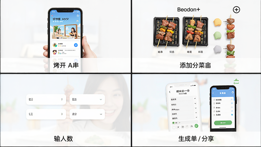 烤串分一分使用教程示意图,画面分为四格,第一格显示打开应用,第二格点击加号添加菜品,第三格输入人数,第四格生成账单并分享,每格下方有简短文字说明,整体风格简洁,细节清晰,画质干净,无多余元素