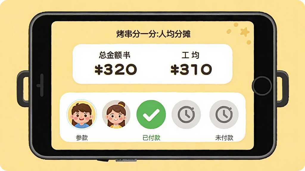 烤串分一分的人均分摊界面,屏幕中央显示总金额和人均金额,下方有参与人头像圆圈,已付款的显示绿色对勾,未付款的显示灰色时钟图标,背景为浅黄色,风格卡通友好,细节清晰,画质干净,无多余元素