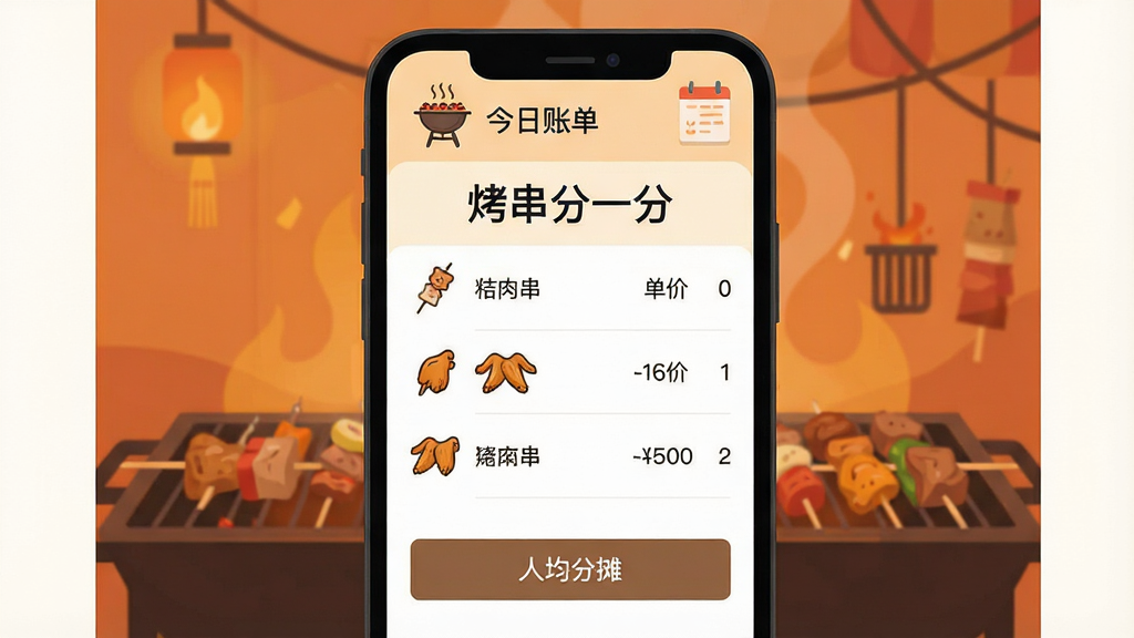一幅现代扁平化风格的应用界面预览图,画面中央显示“烤串分一分”主界面,顶部有烧烤图标和“今日账单”字样,下方列出烤串名称、单价和数量,底部有“人均分摊”按钮,背景为暖色调的烧烤氛围,布局简洁,排版整齐,风格清新,细节包括羊肉串、鸡翅等图标,画质清晰干净,无多余元素