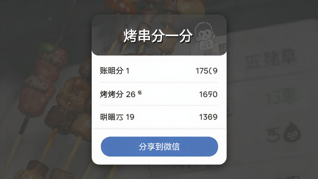 烤串分一分账单分享界面,展示一张分享卡片,卡片上有“烤串分一分”字样,下方列出账单明细,最底部有“分享到微信”按钮,卡片边缘有阴影,风格干净整洁,细节包括分隔线和圆角,画质高清,无多余元素