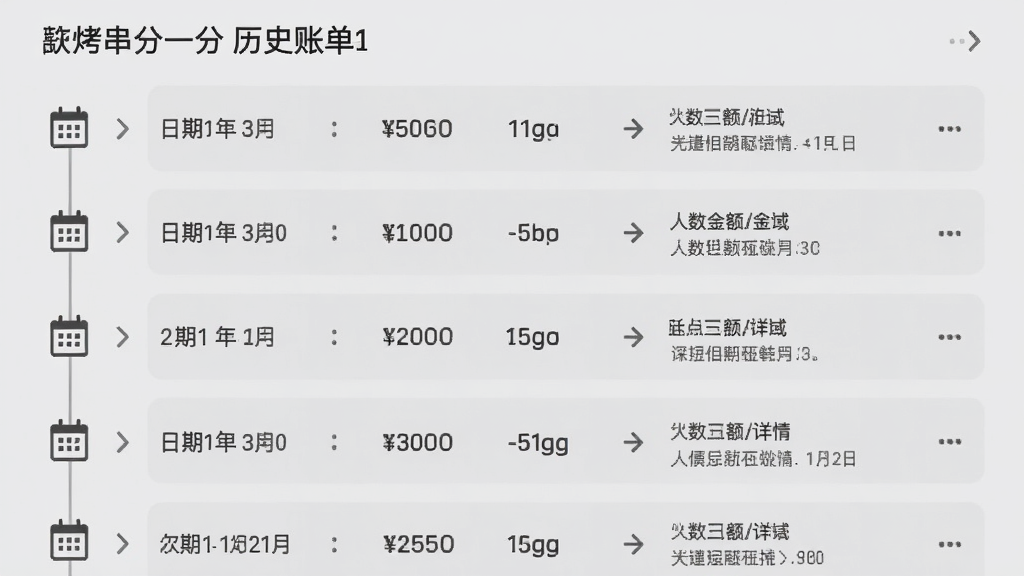 烤串分一分历史账单列表页面,以时间轴形式展示多条账单记录,每条记录显示日期、金额和人数,点击可展开详情,背景为浅灰色,风格极简,细节有日历图标和箭头,画质干净,无多余元素