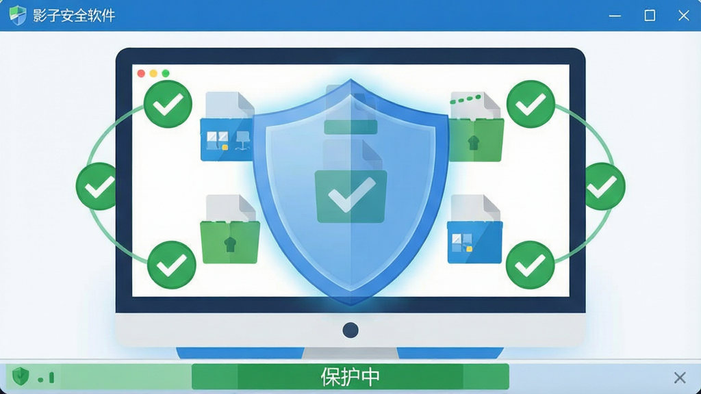 展示“影子安全软件”系统保护功能的界面截图,主体为电脑屏幕图形,屏幕内显示多个系统文件图标被一层半透明的蓝色光盾笼罩。布局上,光盾位于屏幕中央,周围有环绕的绿色对勾表示“已保护”状态,屏幕下方是简洁的状态栏,显示“保护中”字样。风格为扁平化矢量插图,色调以蓝、绿、白为主,画质干净,细节清晰,无多余元素。