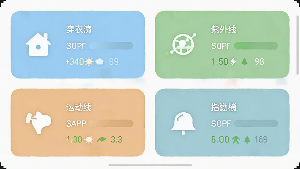 展示天气应用生活指数界面的截图,以卡片形式展示穿衣、紫外线、运动等指数,每张卡片上有对应图标和等级提示,色彩柔和,画质干净。