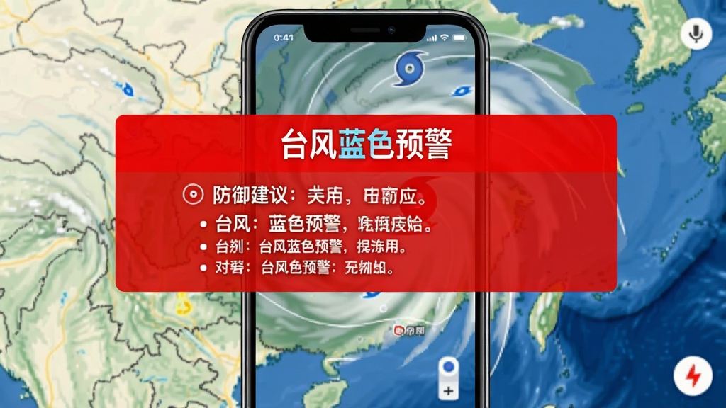 展示天气应用预警通知的界面,屏幕中央显示红色预警横幅,带有“台风蓝色预警”字样和防御建议列表,背景为天气地图,风格醒目,画质干净。