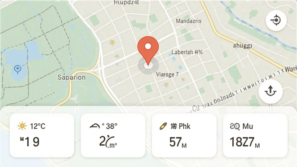 展示天气应用定位功能的界面截图,地图上显示当前位置标记,下方列出温度、湿度、风速等数据卡片,风格简洁清晰,画质干净。