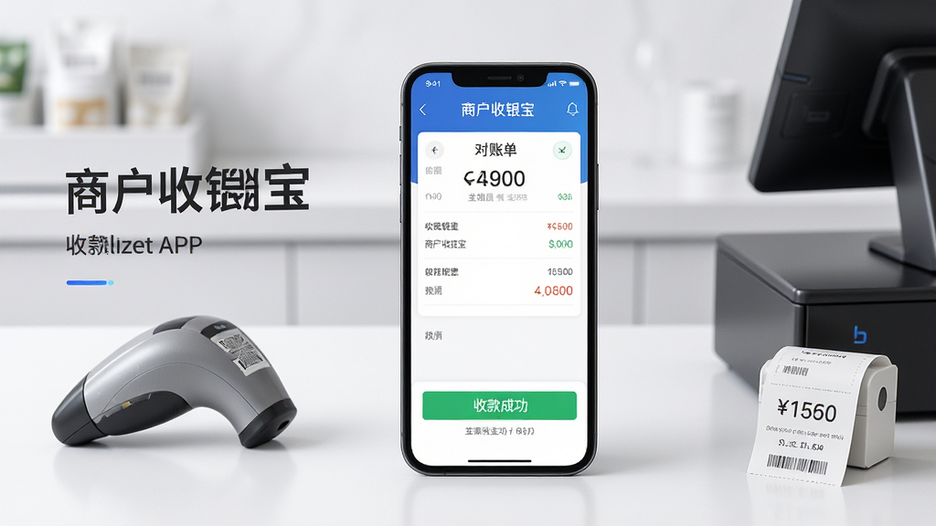 主体:商户收银宝APP界面展示,背景为现代简约的收银台场景,前景为手机屏幕显示清晰的对账单和收款成功提示,布局:手机居中,周围有扫码枪、小票打印等元素点缀,排版:左文右图,风格:商务科技风,细节:手机屏幕显示“商户收银宝”字样和收款金额,画质:高清渲染,干净,无多余元素