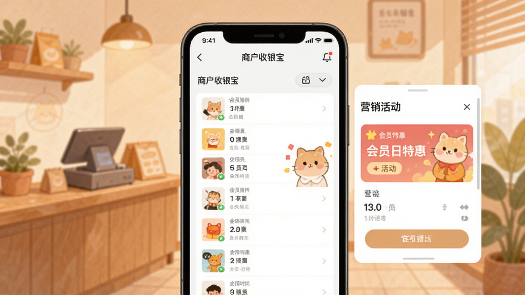 主体:商户收银宝会员管理界面,布局:手机屏幕显示会员列表和营销活动创建窗口,背景为温馨的店铺内景,排版:上下结构,风格:温暖插画风,细节:屏幕显示“商户收银宝”和“会员日特惠”活动,画质:柔和自然,干净,无多余元素