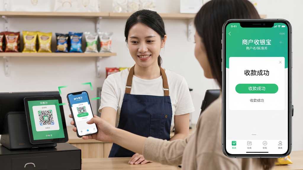 主体:商户收银宝使用场景图,布局:一位店主正在用手机扫描顾客的付款码,背景为整洁的店铺收银台,排版:人物居中,右侧显示App界面放大图,风格:生活写实风,细节:手机屏幕显示“商户收银宝”和“收款成功”字样,画质:清晰自然,干净,无多余元素