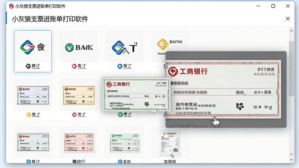 软件模板选择界面,主体为“小灰狼支票进账单打印软件”的模板库窗口,展示多家银行图标和票据缩略图,鼠标悬停在工商银行支票模板上,右侧显示放大预览,界面干净,色调清新,细节丰富,画质清晰