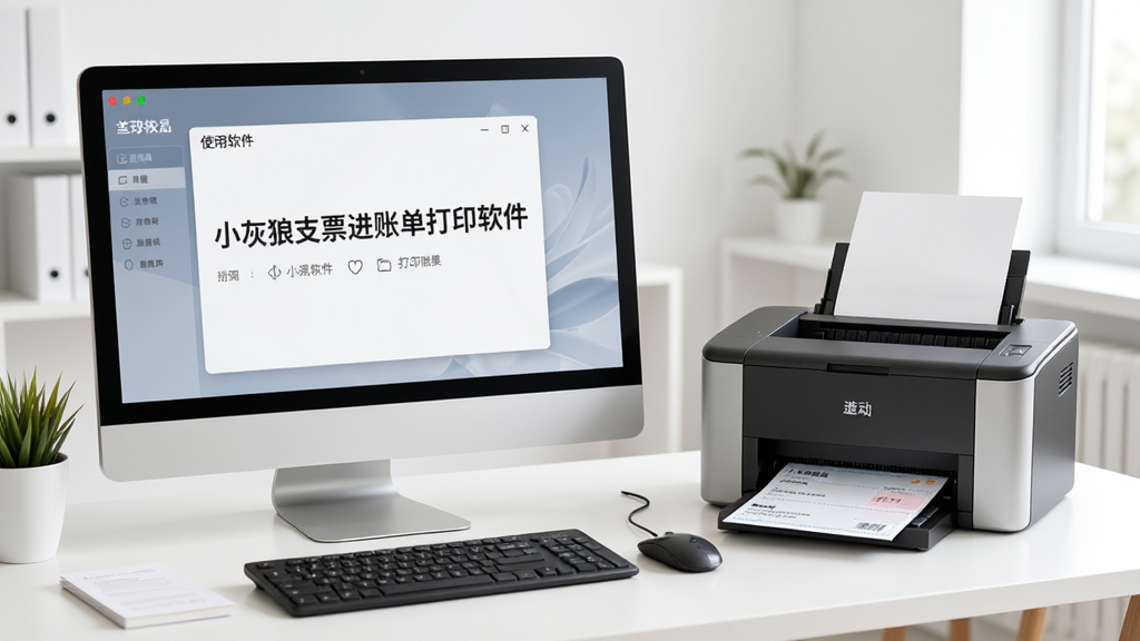 软件使用场景图,主体为“小灰狼支票进账单打印软件”运行在台式电脑上,旁边有激光打印机正在输出支票,桌面整洁,光线明亮,画面真实自然,高分辨率