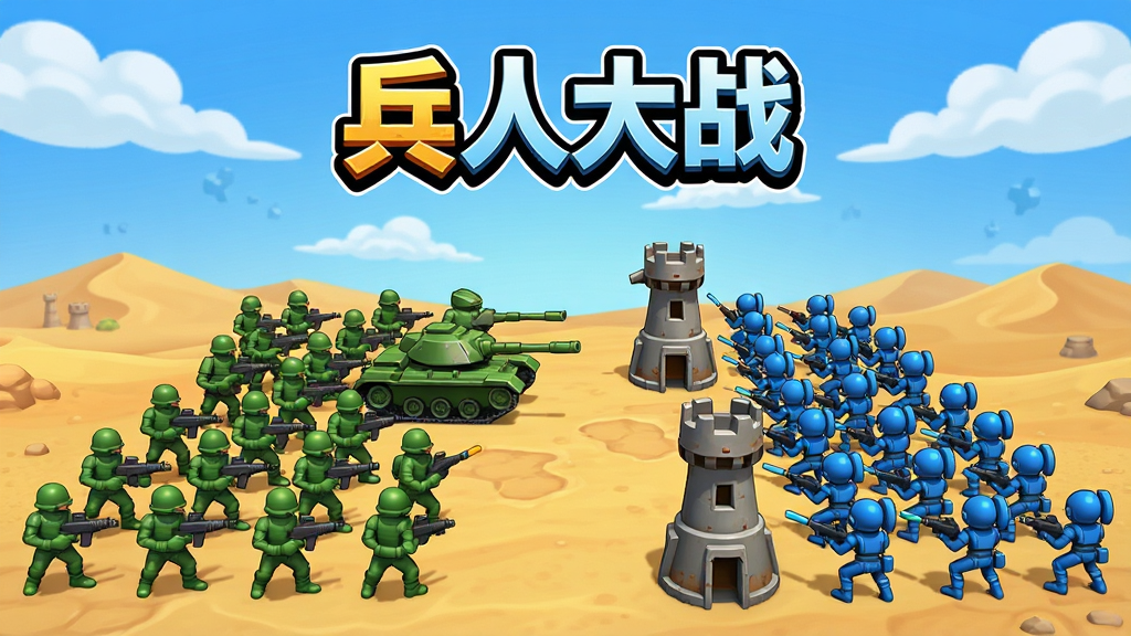 一张《兵人大战》游戏宣传横幅图,主体是绿色兵人方阵与蓝色兵人方阵在沙漠地图上对峙,中间有坦克和防御塔,背景是蓝天白云,画面中央上方有游戏LOGO“兵人大战”,整体风格卡通鲜艳,布局饱满,细节丰富,画质高清,干净无多余元素。