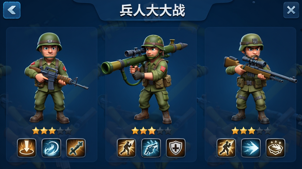 展示《兵人大战》游戏内兵种图鉴界面,主体是几个不同兵种的3D模型立绘,包括拿枪的步兵、扛火箭筒的火箭兵、持狙击枪的狙击手,排列在深蓝色背景上,每个兵种下方有星级和技能图标,界面UI简洁清晰,风格卡通,布局整齐,画质高清,干净无多余元素。
