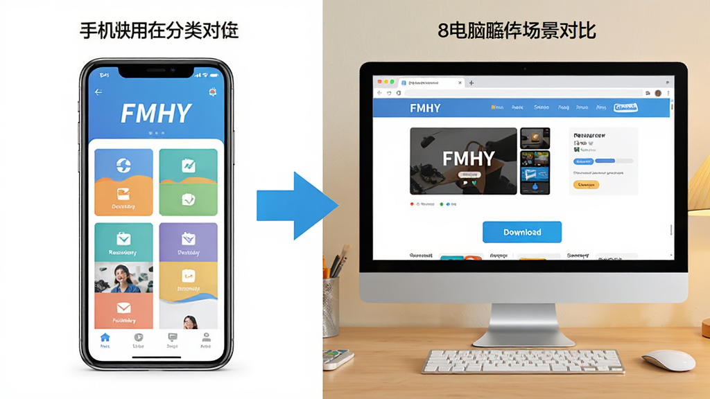 主体:FMHY应用在手机和电脑上的使用场景对比图。布局:左侧为手机屏幕展示分类界面,右侧为电脑浏览器打开资源站点。排版:左右分屏,中间用箭头连接。风格:写实与扁平结合,色彩明亮。细节:手机端显示“FMHY”主界面,电脑端显示一个资源网站页面,有“Download”按钮。画质:高清,干净,无多余元素。