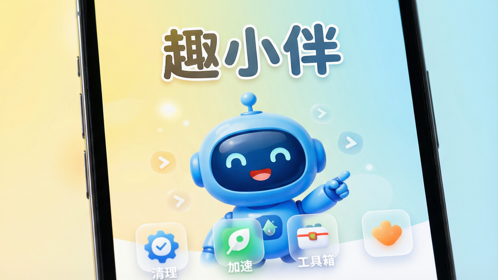 画面主体为一部智能手机屏幕特写,屏幕中央显示趣小伴APP的卡通吉祥物形象,一个圆润可爱的蓝色小机器人,正微笑着为用户指引方向。屏幕下方悬浮着几个半透明的功能图标,分别代表清理、加速、工具箱等。背景采用明亮温暖的渐变色,从淡黄色过渡到浅蓝色,营造出轻松活泼的氛围。整体排版简洁清晰,突出APP名称“趣小伴”字样,采用圆润可爱的字体,位于屏幕上方居中。画质高清,光线柔和,细节丰富,干净无多余元素。