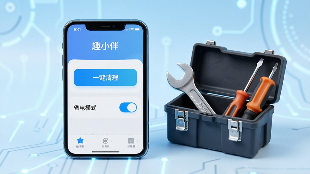 主体为一部手机屏幕,屏幕中显示趣小伴应用的主界面,界面清晰展示“一键清理”按钮和“省电模式”开关。手机旁边放置着一个小型工具箱,里面装有扳手和螺丝刀,象征问题解决。背景为浅蓝色渐变,突出科技感。整体布局平稳,细节丰富,画质清晰,干净无多余元素,屏幕上有“趣小伴”字样。