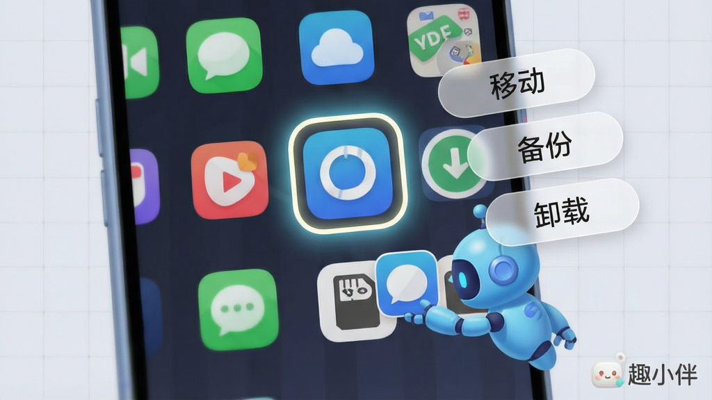 主体为一张虚拟的智能手机主屏幕,屏幕上各种APP图标排列整齐,其中一个图标被放大并带有发光的边框,旁边悬浮着“移动”“备份”“卸载”三个半透明操作按钮。一只蓝色卡通小机器人正拖动一个应用图标到SD卡形状的图标上。背景为柔和的浅灰色网格,突出操作界面。整体排版规整,风格简洁明快,画质清晰,干净无多余元素,并带有“趣小伴”水印标识。