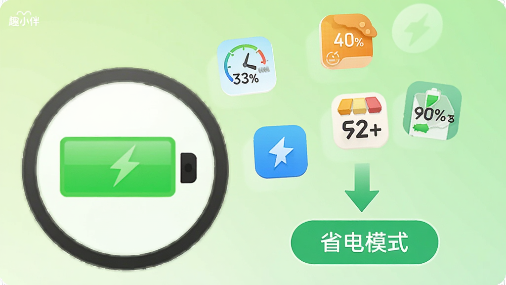 主体为一个圆形的电池图标,内部填充着绿色的电量,旁边悬浮着几个小的应用图标,分别显示不同的耗电比例,并有一个向下的箭头指向“省电模式”按钮。背景为浅绿色渐变,象征节能环保。整体布局简洁,数据可视化清晰,画质明亮,干净无多余元素,并带有“趣小伴”品牌标识。