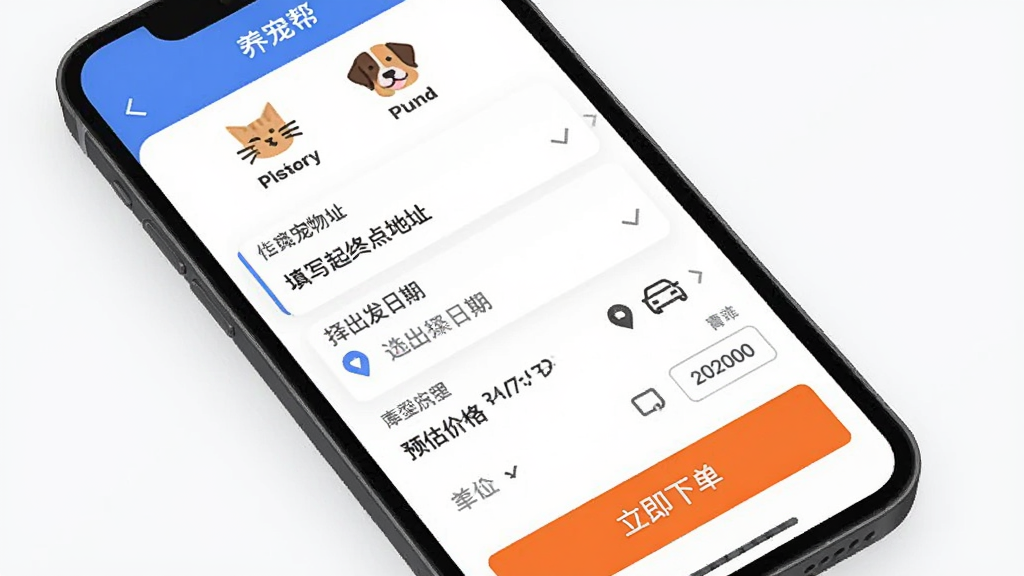 养宠帮APP的下单界面流程预览图,图片主体是手机界面,布局从上到下依次是选择宠物类型(猫狗图标)、填写起终点地址、选择出发日期、预估价格显示,按钮为醒目的橙色“立即下单”,排版清晰,风格扁平化设计,细节包括定位图标和车型选择,画质干净,无多余元素