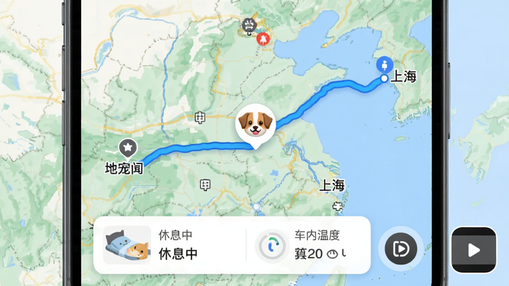 养宠帮APP的宠物运输轨迹追踪界面预览图,主体是手机地图界面,地图上有一条从北京到上海的蓝色路线,中间有一个小宠物狗的头像图标在移动,底部卡片显示宠物状态“休息中”和车内温度,界面布局以地图为主,右下角有视频窗口小图标,风格写实,细节丰富,画质清晰,无多余元素