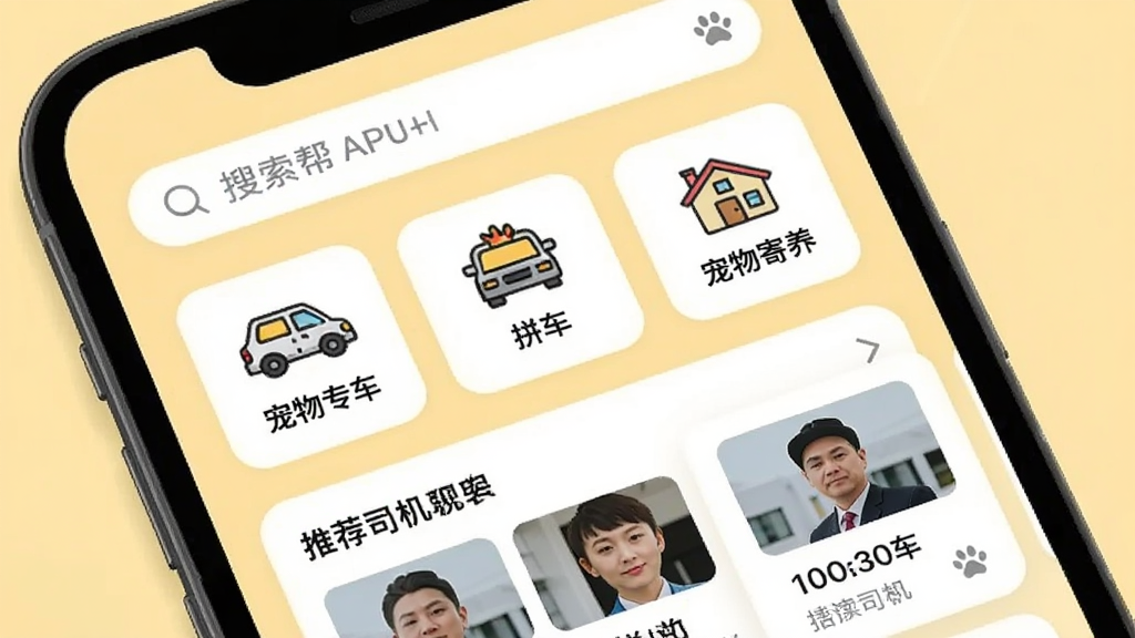 一幅展示智能手机屏幕的图片,屏幕内是养宠帮APP的首页界面,界面设计简洁现代,顶部是搜索栏,中间是宠物托运服务的分类图标,有宠物专车、拼车、宠物寄养等,下方是推荐司机的列表卡片,背景是温馨的淡黄色,整体风格清新自然,画面干净,无多余元素,画质高清