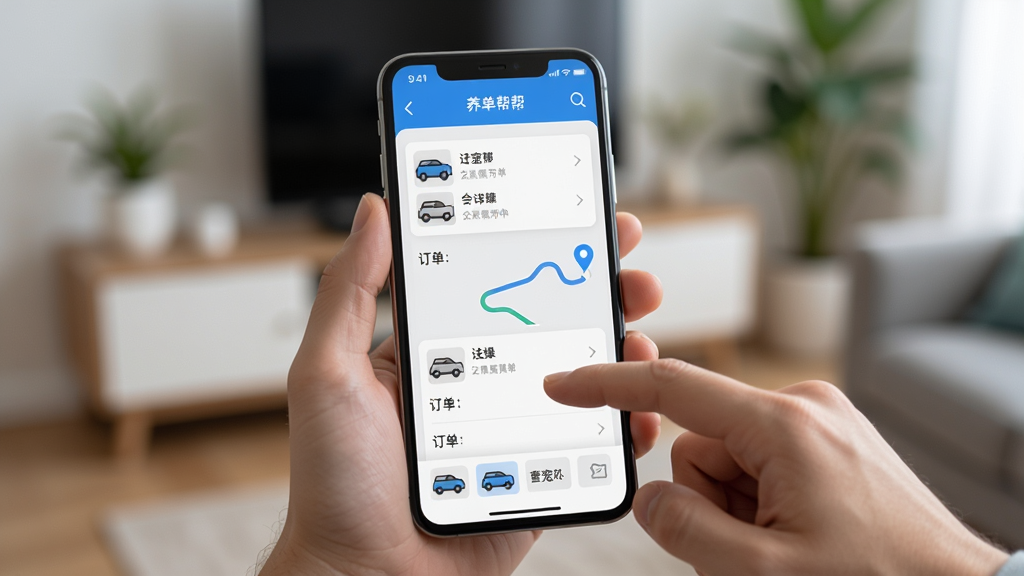养宠帮APP在手机上的操作演示场景图,主体是一只手拿着手机点击屏幕,手机屏幕显示订单列表,背景是模糊的室内环境,布局以手机为视觉中心,风格写实,细节包括屏幕上的车辆图标和路线,画质高清,无多余元素