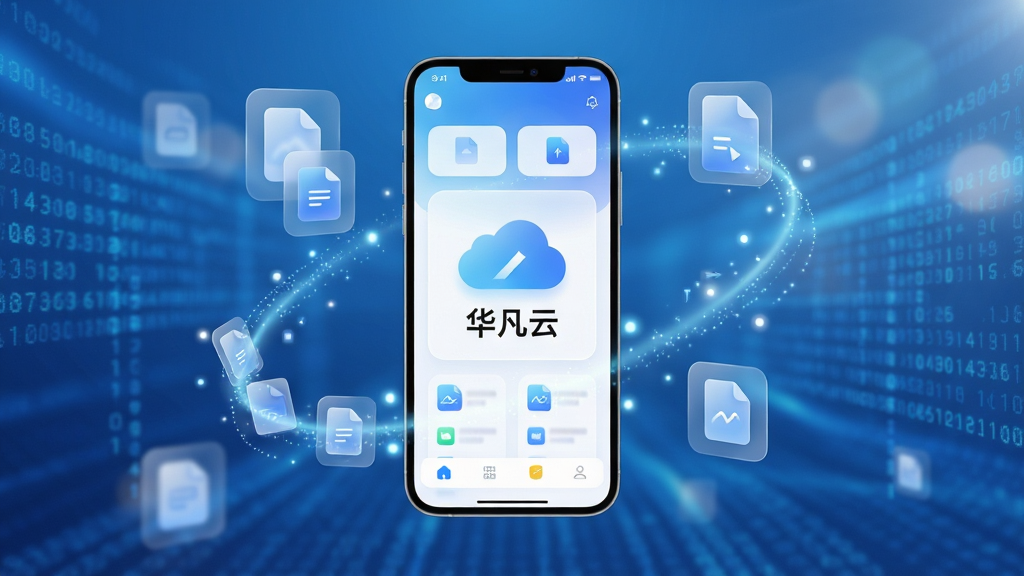 主体:一部亮屏的智能手机居中展示华凡云APP主界面,屏幕内显示简洁的云朵图标与“华凡云”字样。布局:手机呈悬浮状态,背景为动态的蓝色数据流与柔和光效。排版:手机位于视觉中心,周围环绕着象征文件传输的光点轨迹。风格:现代科技感,UI界面干净通透,大量留白。细节:界面卡片圆角化,图标精致,色彩以蓝白渐变为主。画质:8K超高清渲染,画面干净无多余元素。