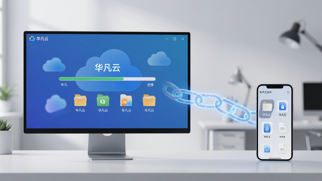 主体:一块大屏显示器与一部手机并排放置在桌面,屏幕上显示出华凡云文件同步的动效界面。布局:左侧为电脑屏幕,右侧为手机,中间以发光的链路连接。排版:双设备呈对称构图,背景为干净的工作室环境。风格:商务极简风,光线柔和。细节:屏幕内展示“华凡云”的同步进度条与文件图标。画质:高清写实,焦点清晰,背景虚化干净。