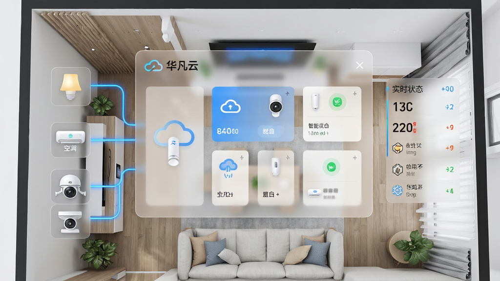 主体:一张俯视视角的客厅智能家居布局图,中央位置悬浮着华凡云APP控制面板半透明窗口。布局:左侧排列着灯光、空调、摄像头等设备图标,右侧为实时状态数据流。排版:控制面板悬浮于场景上方,采用毛玻璃效果。风格:科技家居风,明亮通透。细节:面板上显示“华凡云”标识与设备卡片,连接线条以蓝色高亮。画质:4K高清,质感细腻,画面干净整洁。