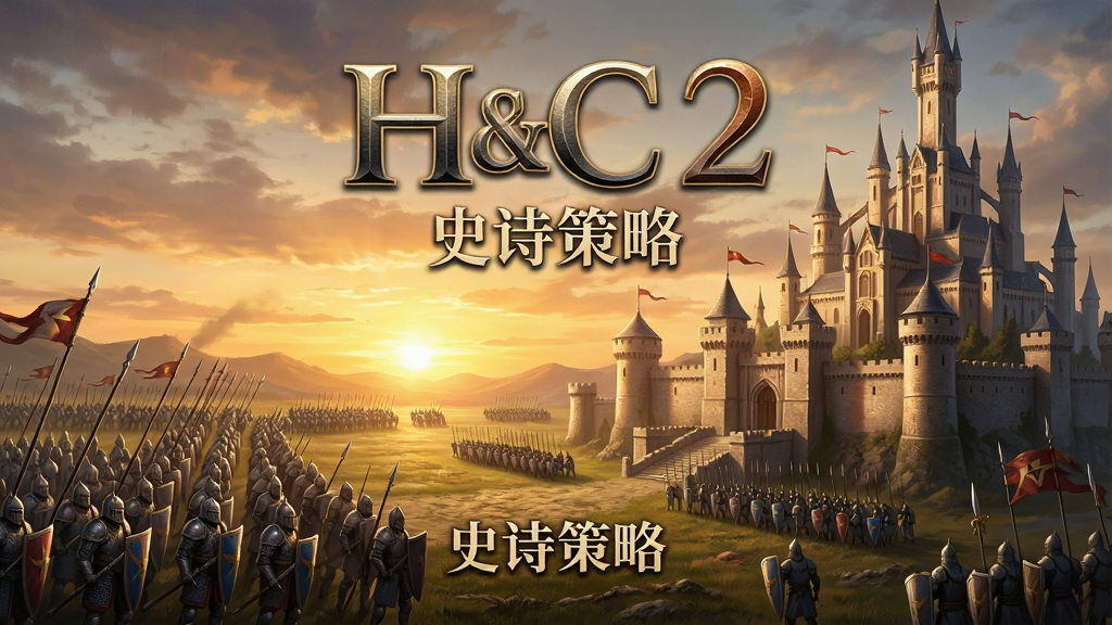一幅精美的游戏宣传图,主体是《H&C 2》中宏伟的城堡与排列整齐的军队,背景是夕阳下的战场。布局采用黄金分割,城堡位于右侧,军队从左侧列阵。排版上,画面中央上方有艺术字标题“H&C 2”,下方有“史诗策略”字样。风格为写实奇幻风,细节丰富,光影效果突出,画质高清,干净无多余元素。