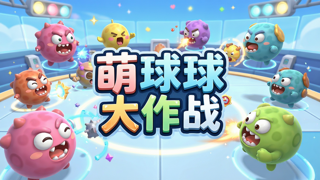 萌球球大作战游戏主视觉图,展示多个彩色Q萌圆球角色在立体竞技场中对战,背景明亮欢快,角色表情夸张可爱,采用卡通渲染风格,画面干净通透,突出游戏名称“萌球球大作战”,布局居中,细节丰富,画质高清,无多余元素