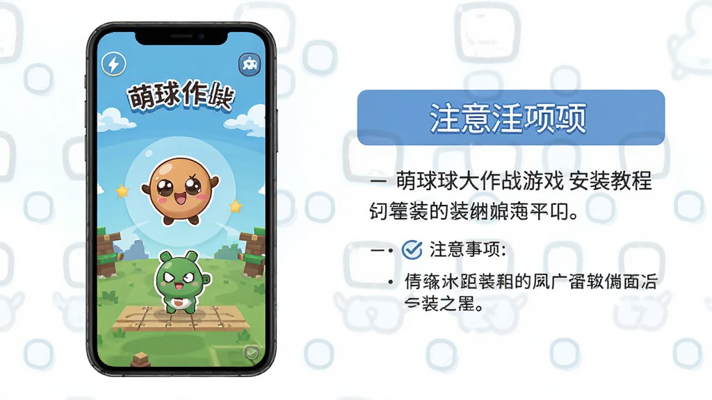 萌球球大作战游戏安装教程示意图,展示手机屏幕上的安装界面和注意事项,配以文字说明,风格简洁,画质清晰,无多余元素