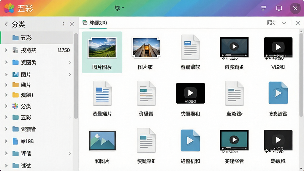 主体:五彩软件的资源管理界面截图,展示文件分类列表。布局:左侧为分类导航栏,右侧为文件缩略图。排版:列表清晰,缩略图排列有序。风格:简洁商务风格,色调清新。细节:界面顶部有“五彩”应用名称,文件类型有图片、文档、视频等。画质:高清,干净,无多余元素