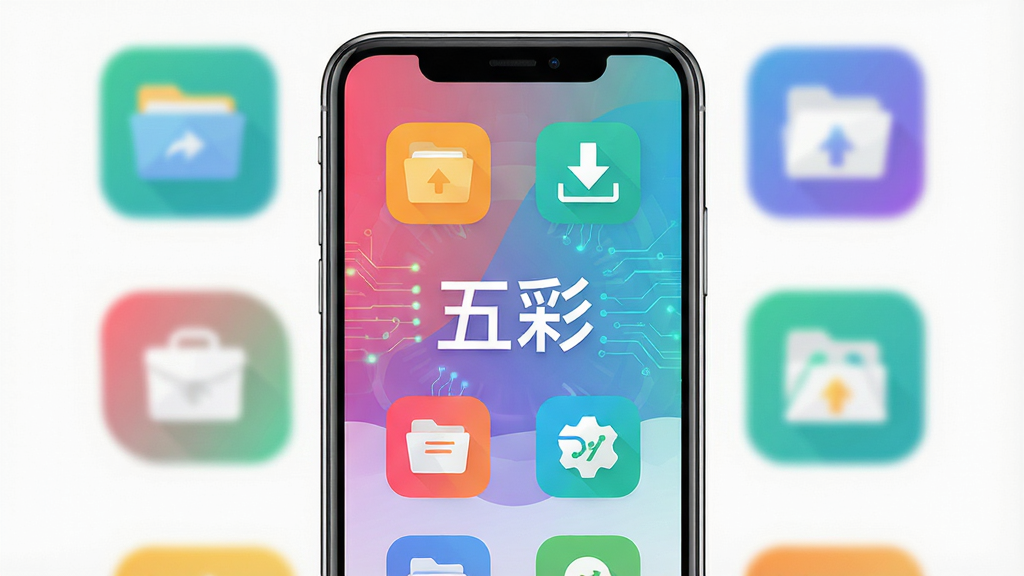 主体:五彩应用主界面展示,手机屏幕内呈现简洁的布局和多彩的功能图标。布局:居中构图,手机竖屏展示,界面清晰。排版:功能图标整齐排列,色彩鲜艳。风格:现代扁平化设计,科技感。细节:屏幕中显示“五彩”字样,周围有文件管理、下载中心等图标。画质:高清,干净,无多余元素