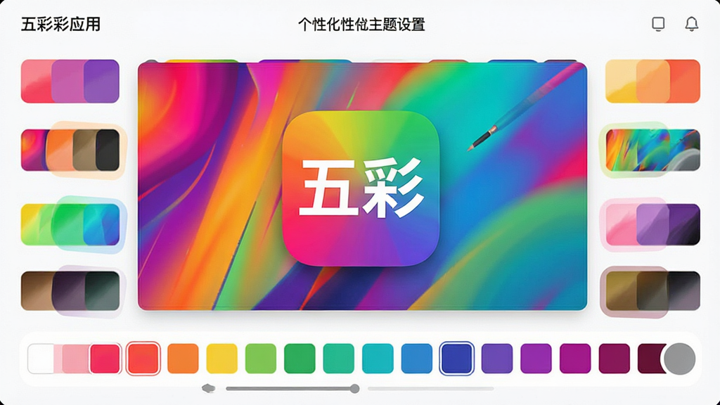 主体:五彩应用的个性化主题设置页面,展示多种色彩搭配。布局:中央展示预览窗口,下方为颜色选择条。排版:预览效果生动,选项排列整齐。风格:时尚多彩,视觉冲击力强。细节:预览窗口中显示“五彩”应用图标,颜色选择条包含多种渐变色彩。画质:高清,干净,无多余元素