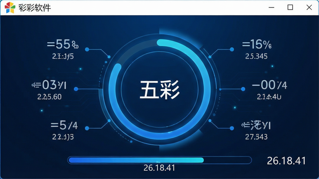 主体:五彩软件的下载加速界面,显示下载进度条和速度数据。布局:中心为一个大圆环进度条,周围有速度数字。排版:数据直观,进度环清晰。风格:科技感强,蓝色为主调。细节:进度环上标注“五彩”字样,下方显示“26.18.41”版本号。画质:高清,干净,无多余元素